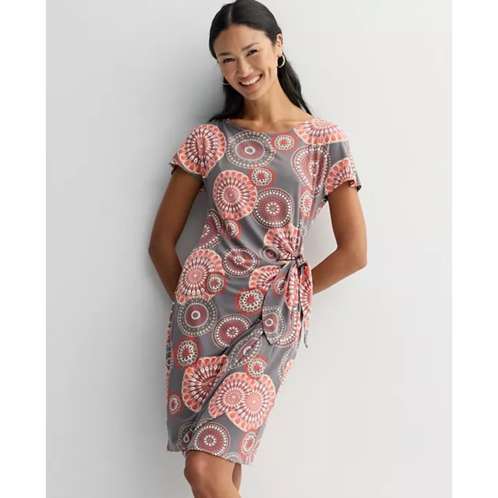 Robbie Bee Womens Gray Orange Medallion Print Side Tie Sheath Dress Large